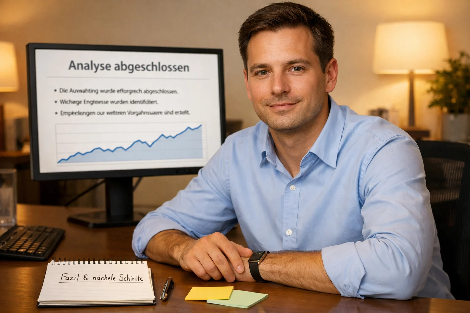 Zufriedener Analyst am Schreibtisch nach erfolgreicher Formanalyse