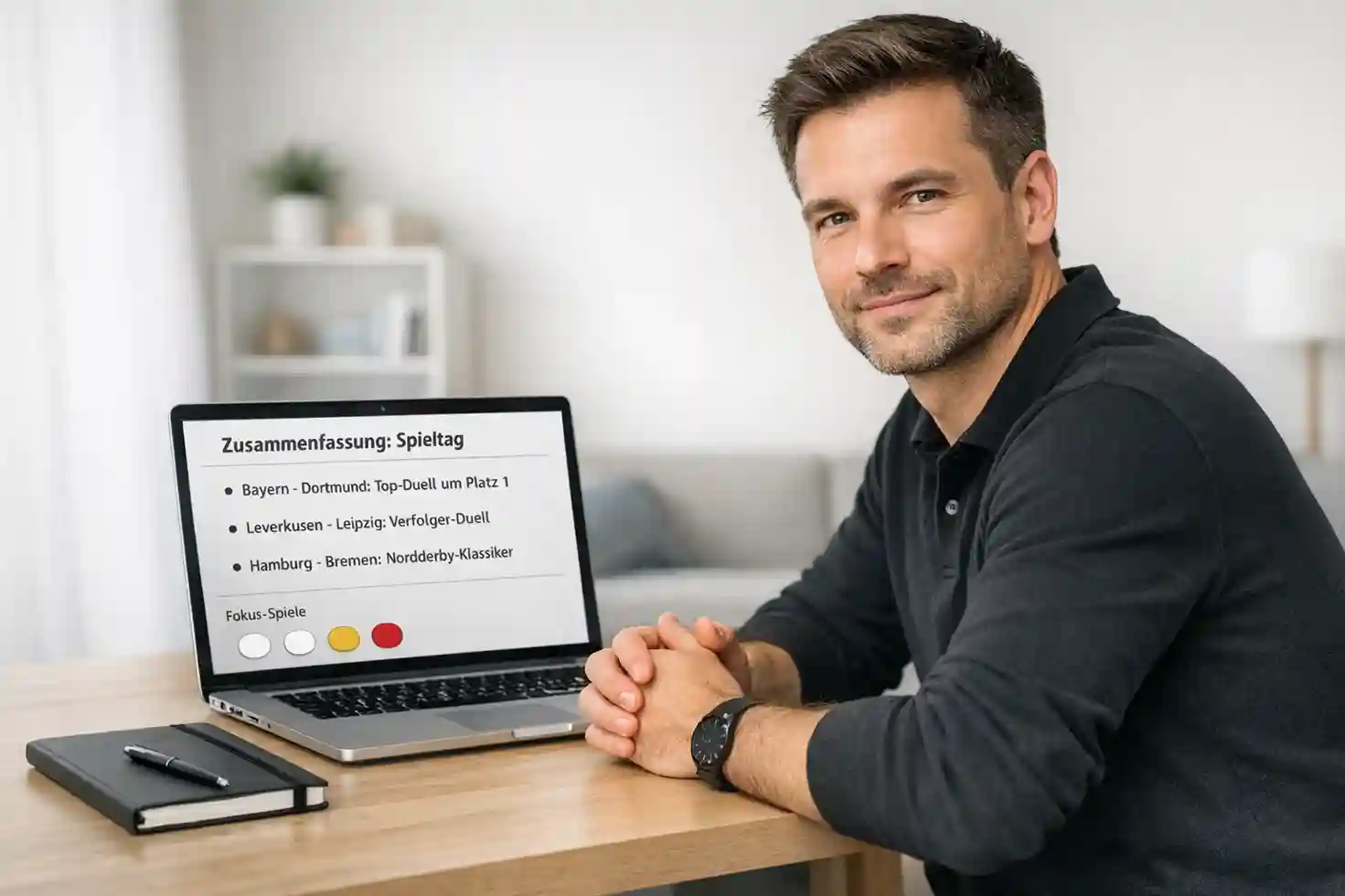 Nachdenklicher Fu&szlig;ballanalyst vor mehreren Monitoren mit Spielszenen und Statistiken