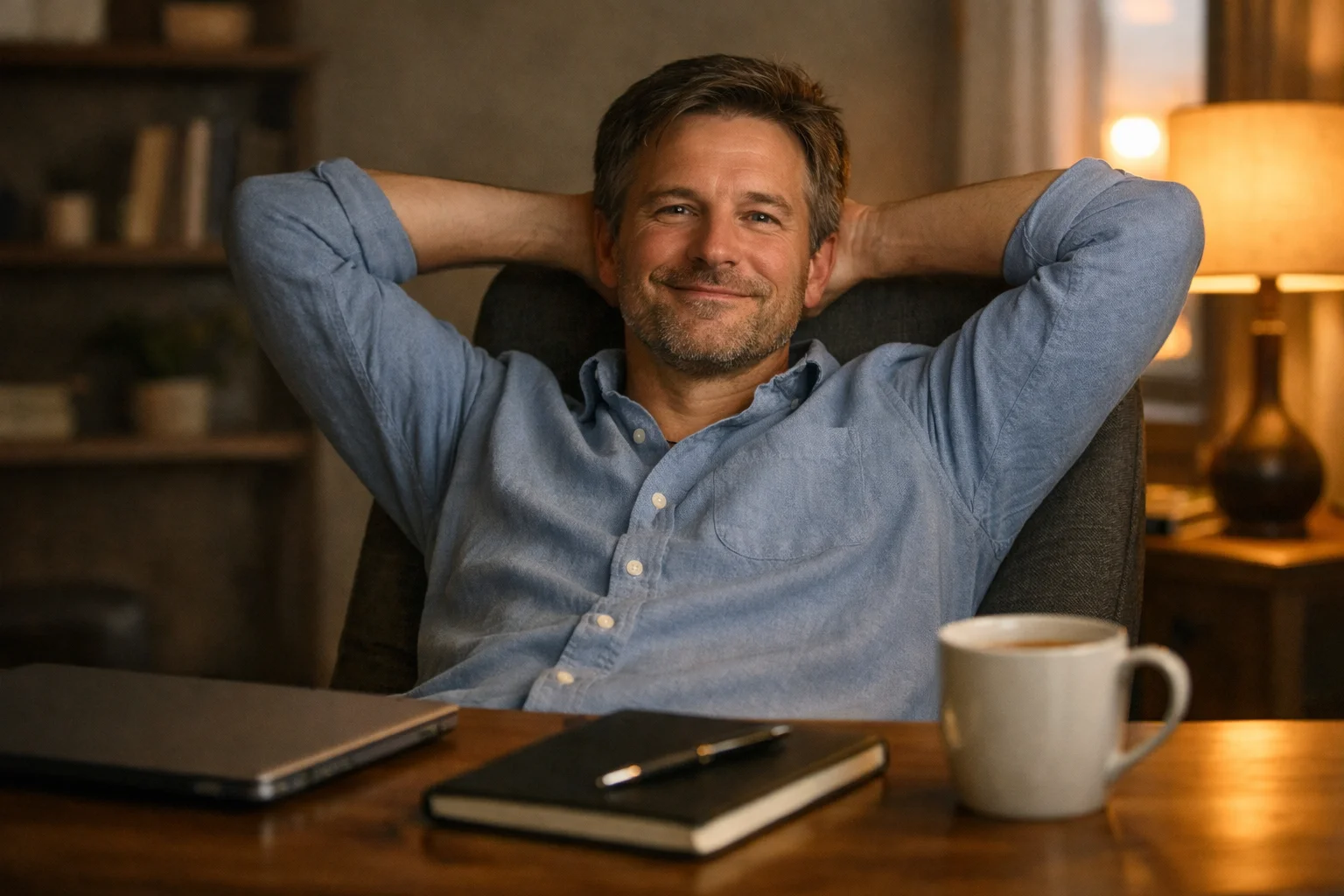 Entspannter Analyst am Abend mit abgeschlossener Vorbereitung blickt zuversichtlich