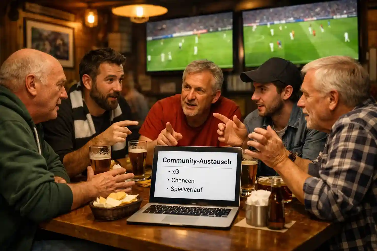 Gruppe von Fußballfans diskutiert animiert in einer Sportbar mit Bildschirmen im Hintergrund