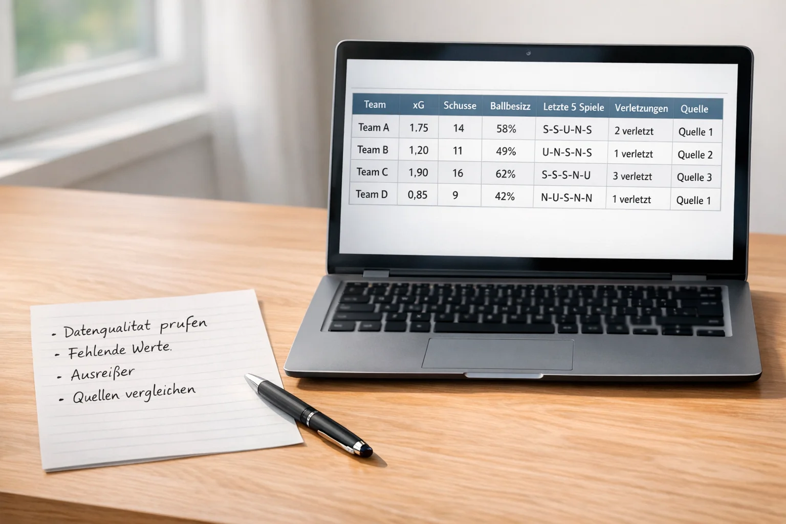 Laptop zeigt Tabelle mit Fußballdaten neben handschriftlichen Notizen zur Datenqualität