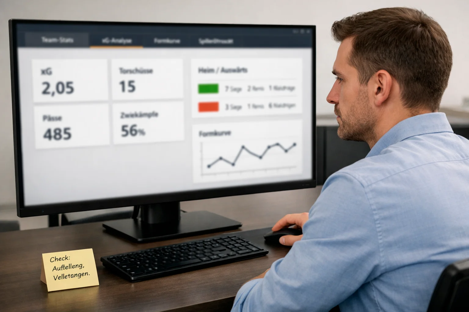 Person recherchiert Fu&szlig;ball-Statistiken am Computer mit mehreren Datenquellen