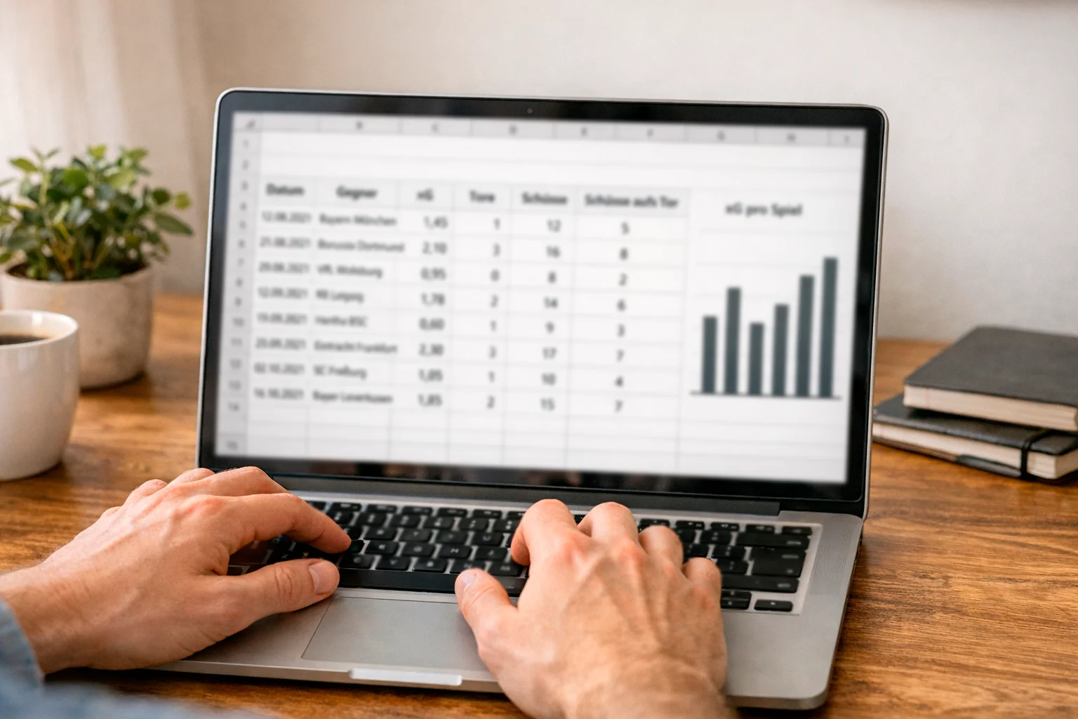 Laptop zeigt eine Tabellenkalkulation mit Fußballdaten und einem einfachen Balkendiagramm