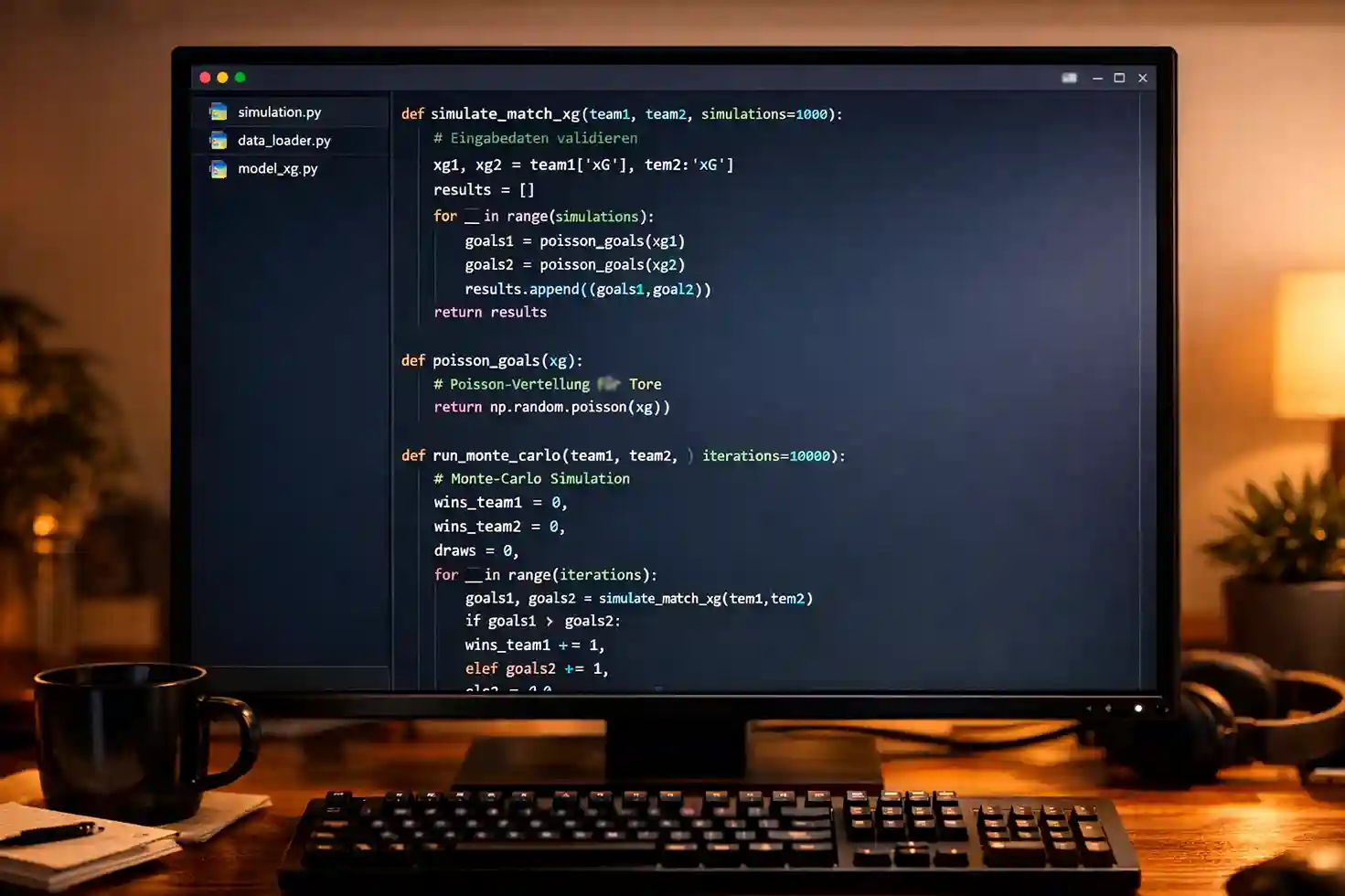 Programmcode auf einem Bildschirm zeigt Python-Skript für Fußballsimulation