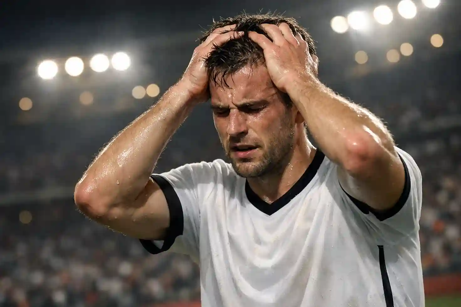 Fußballspieler zeigt Emotionen nach einer verpassten Torchance auf dem Spielfeld