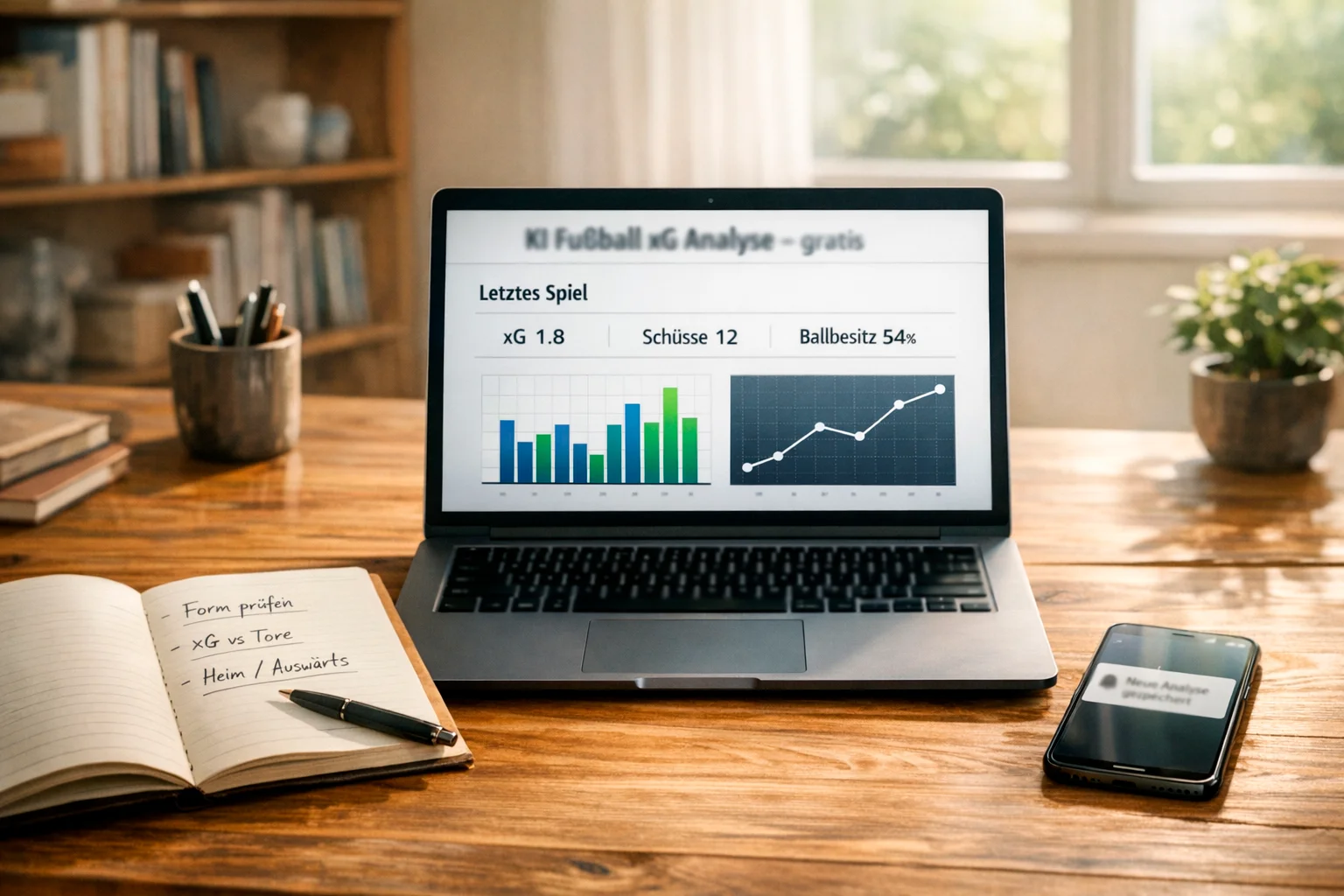 Laptop auf einem Schreibtisch zeigt Fußballstatistiken, daneben Notizen und ein Smartphone