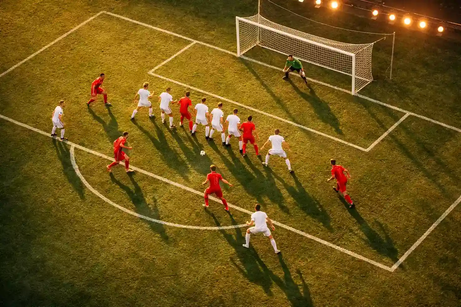 Fußballfeld mit digitalen Datenvisualisierungen und KI-gestützter Spielanalyse