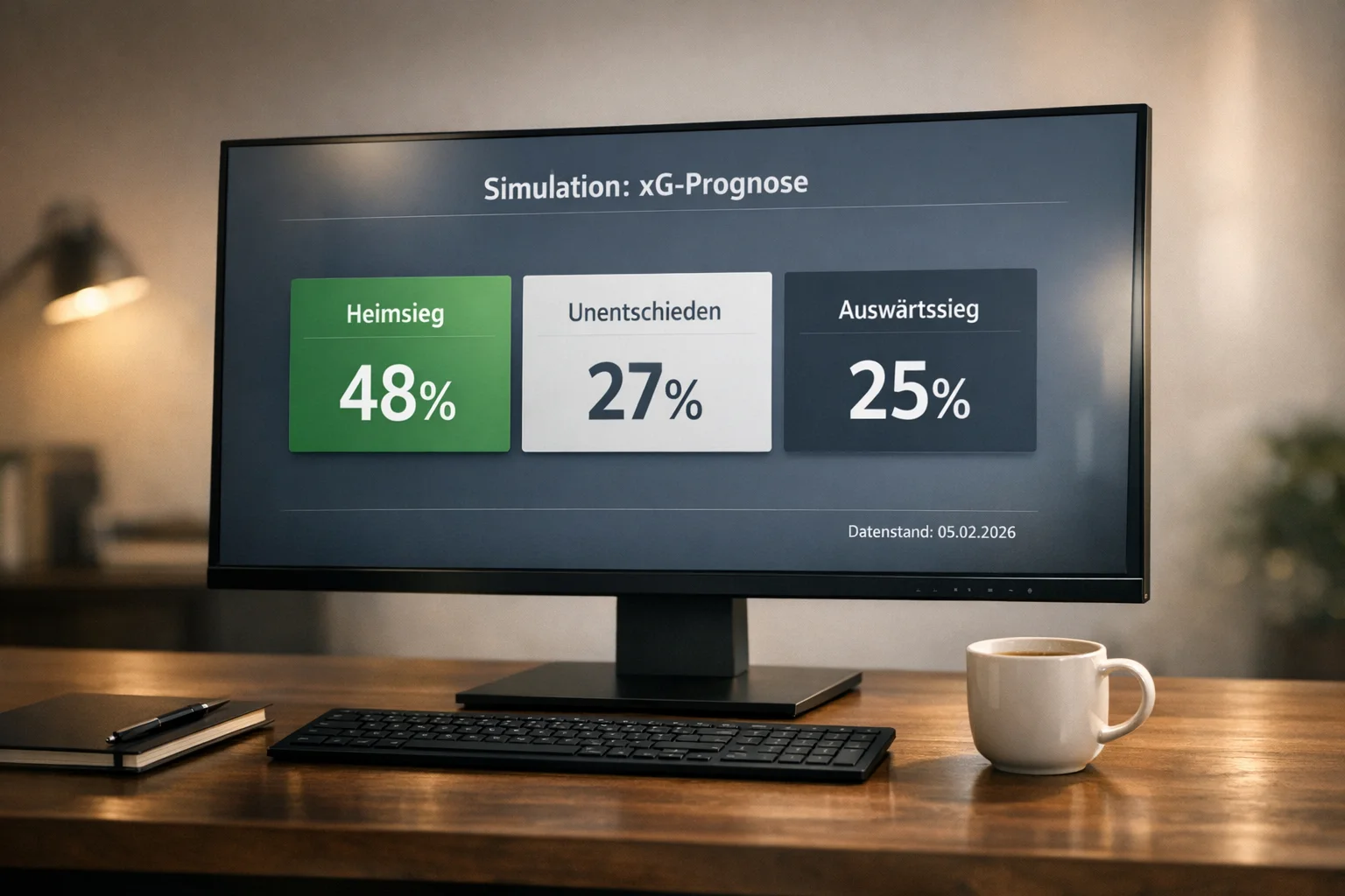 Computer zeigt Fußballspiel-Simulation mit Wahrscheinlichkeitsanzeigen auf dem Bildschirm
