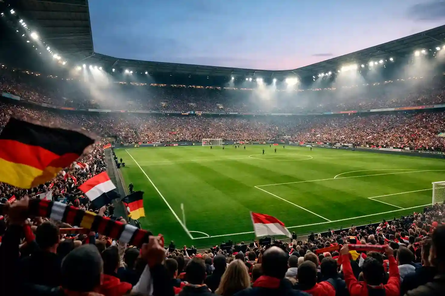 Bundesliga-Stadion an einem Samstagnachmittag mit belebten Zuschauerrängen und Flutlichtbeleuchtung
