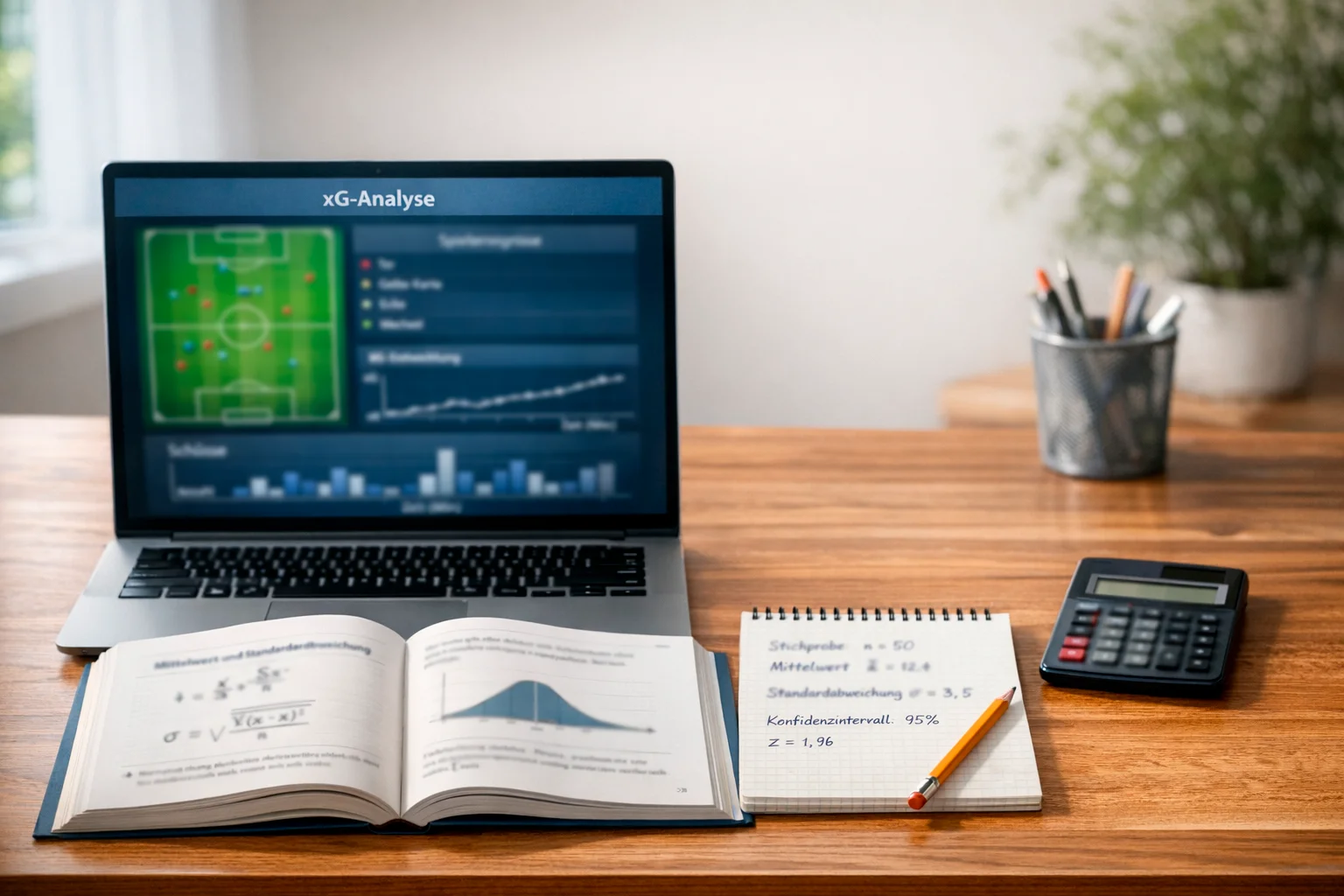 Aufgeschlagenes Statistikbuch neben einem Laptop mit Fußballdaten auf dem Bildschirm