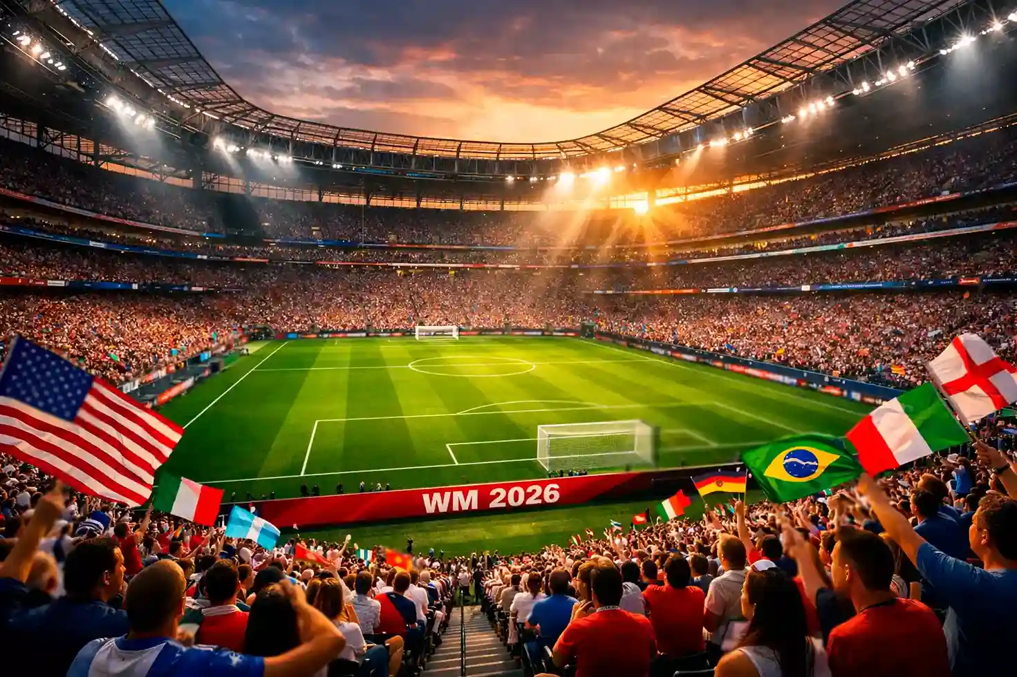 Modernes WM-Stadion in Nordamerika mit gefüllten Rängen und Weltmeisterschaftsatmosphäre