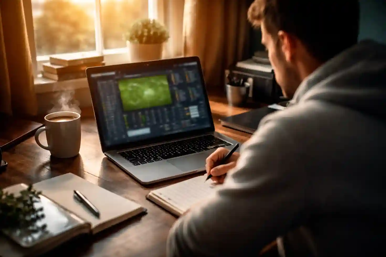 Fußballanalyst studiert xG-Daten auf einem Laptop am frühen Morgen mit Kaffeetasse