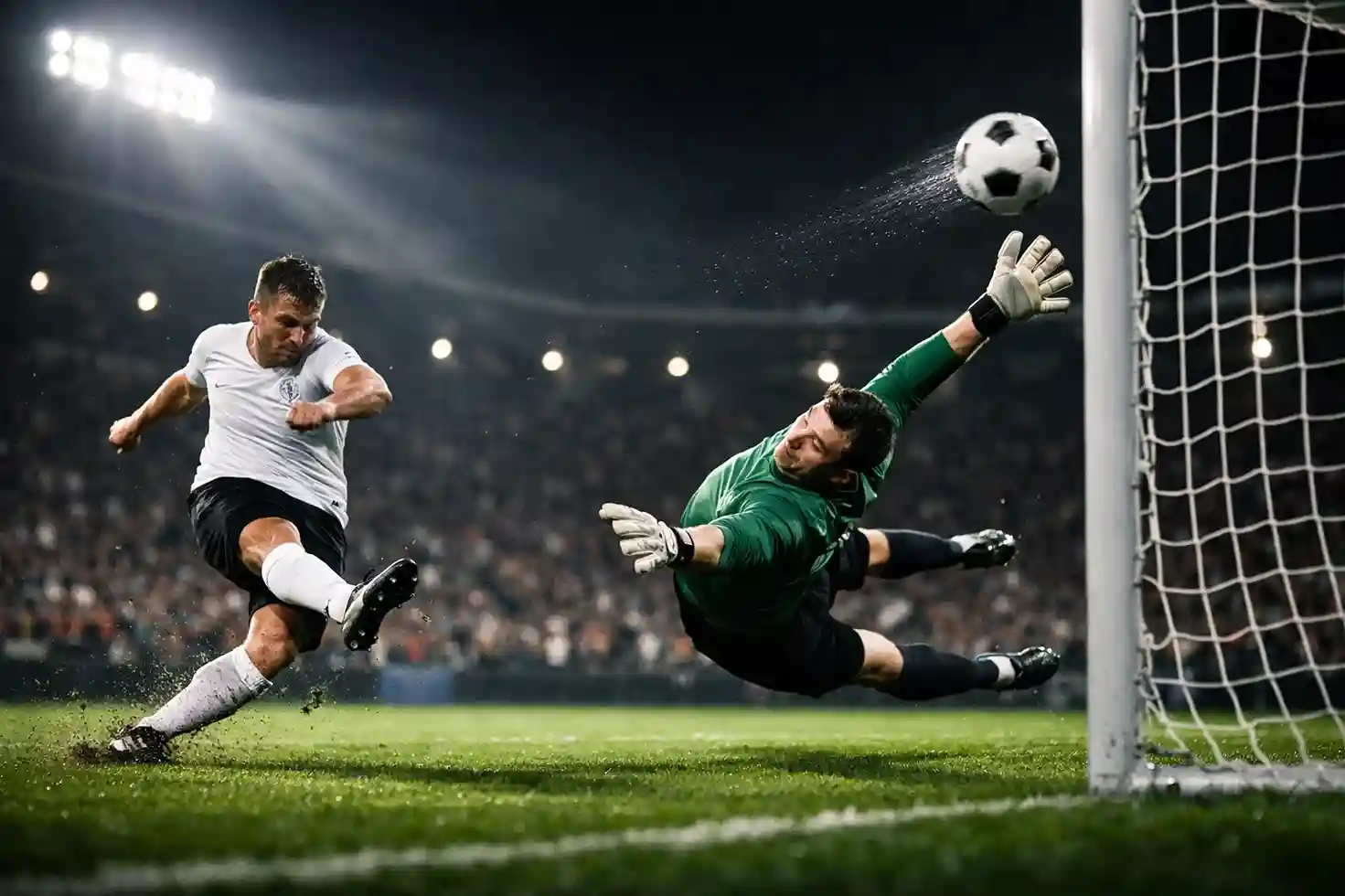 Fußballspieler beim Torschuss im Strafraum mit dem Tor im Hintergrund