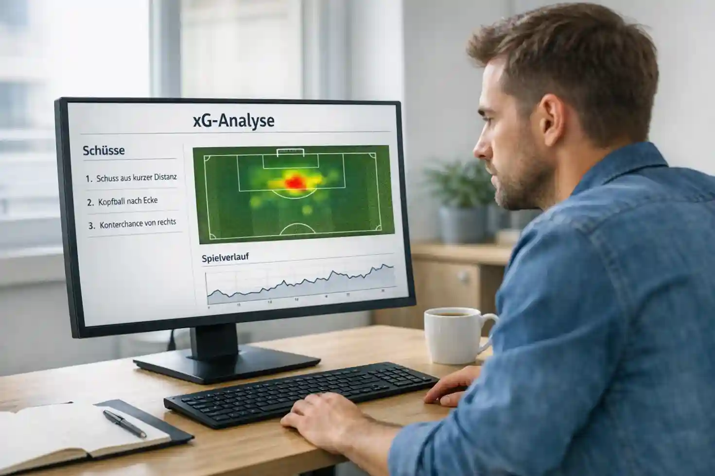 Analyst arbeitet an einem Computer mit Fußballdaten und Statistiken auf dem Bildschirm