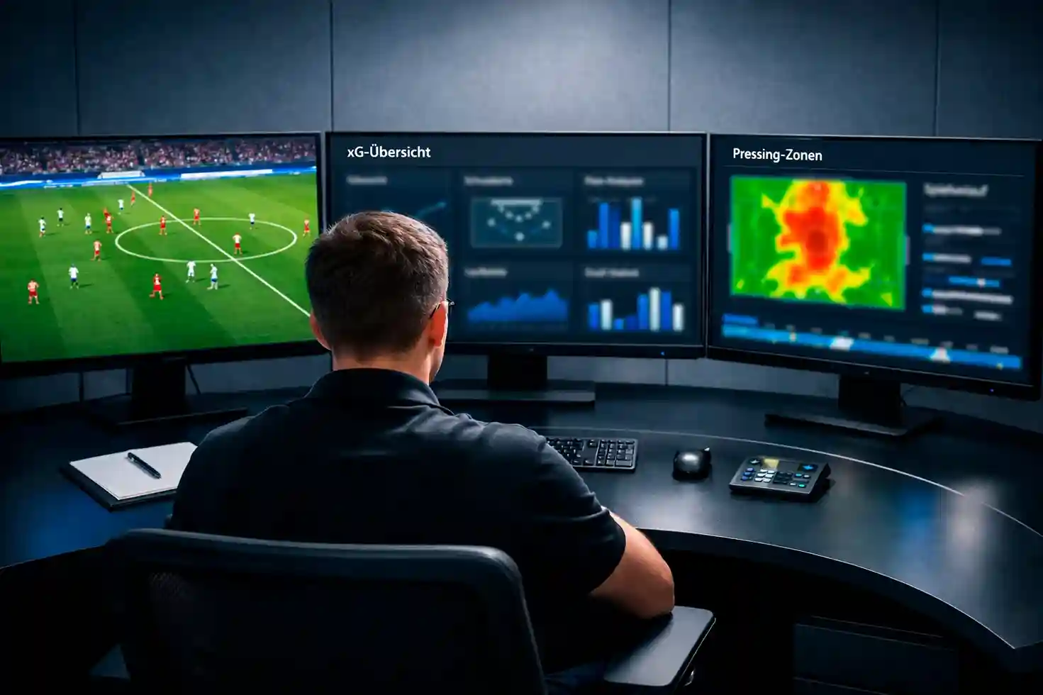 Analyst betrachtet Fußballdaten und Statistiken auf mehreren Bildschirmen