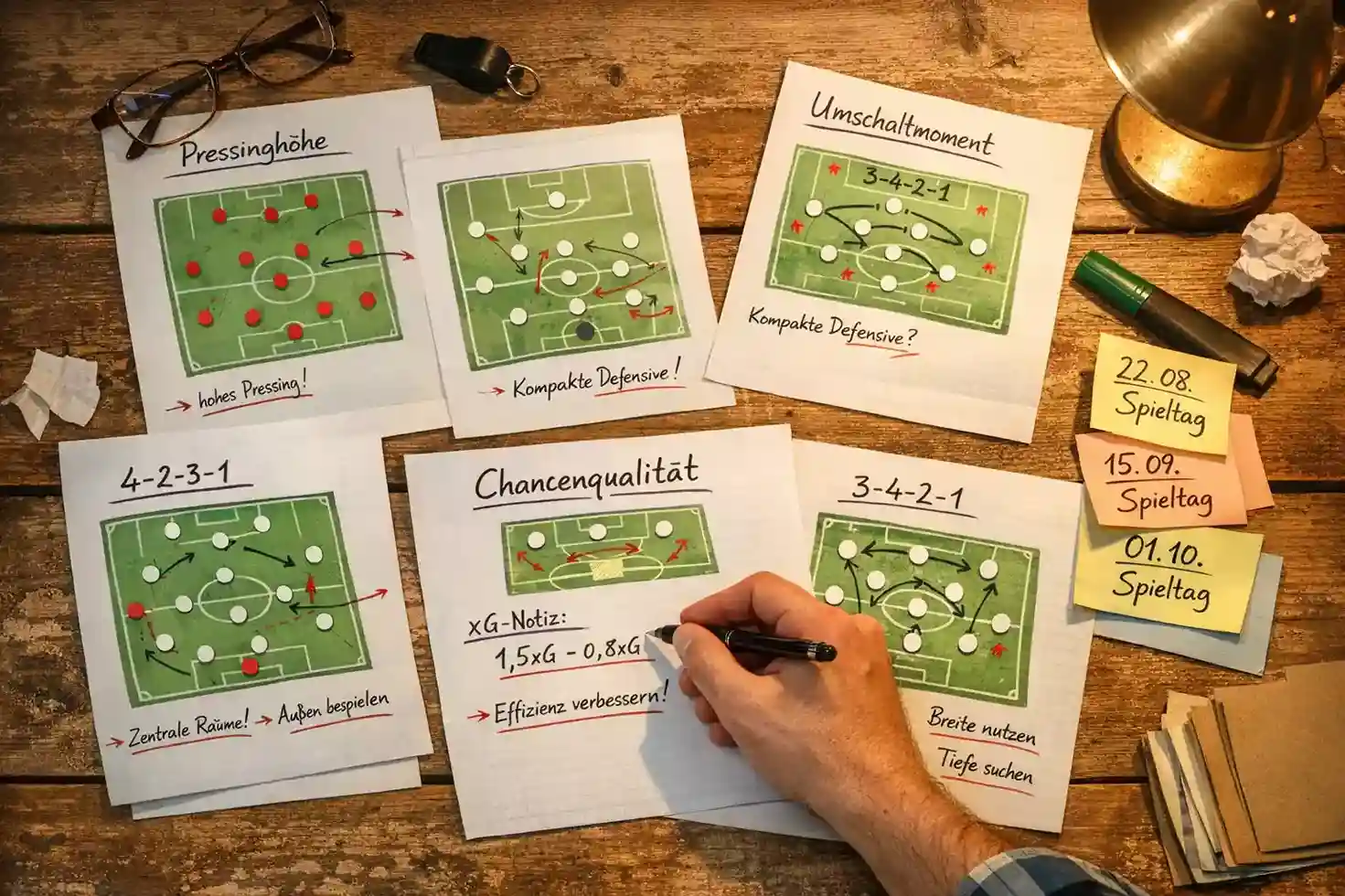 Fu&szlig;ballanalyst vergleicht handschriftliche Notizen zu mehreren Spielen auf einem Schreibtisch