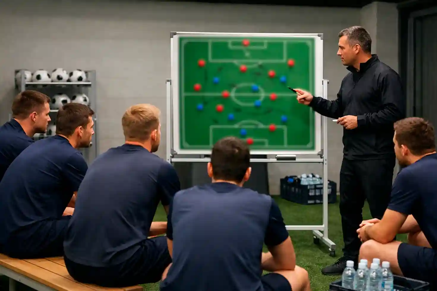 Fußballtrainer erklärt Taktik anhand einer Taktiktafel vor Spielern in Trainingskleidung