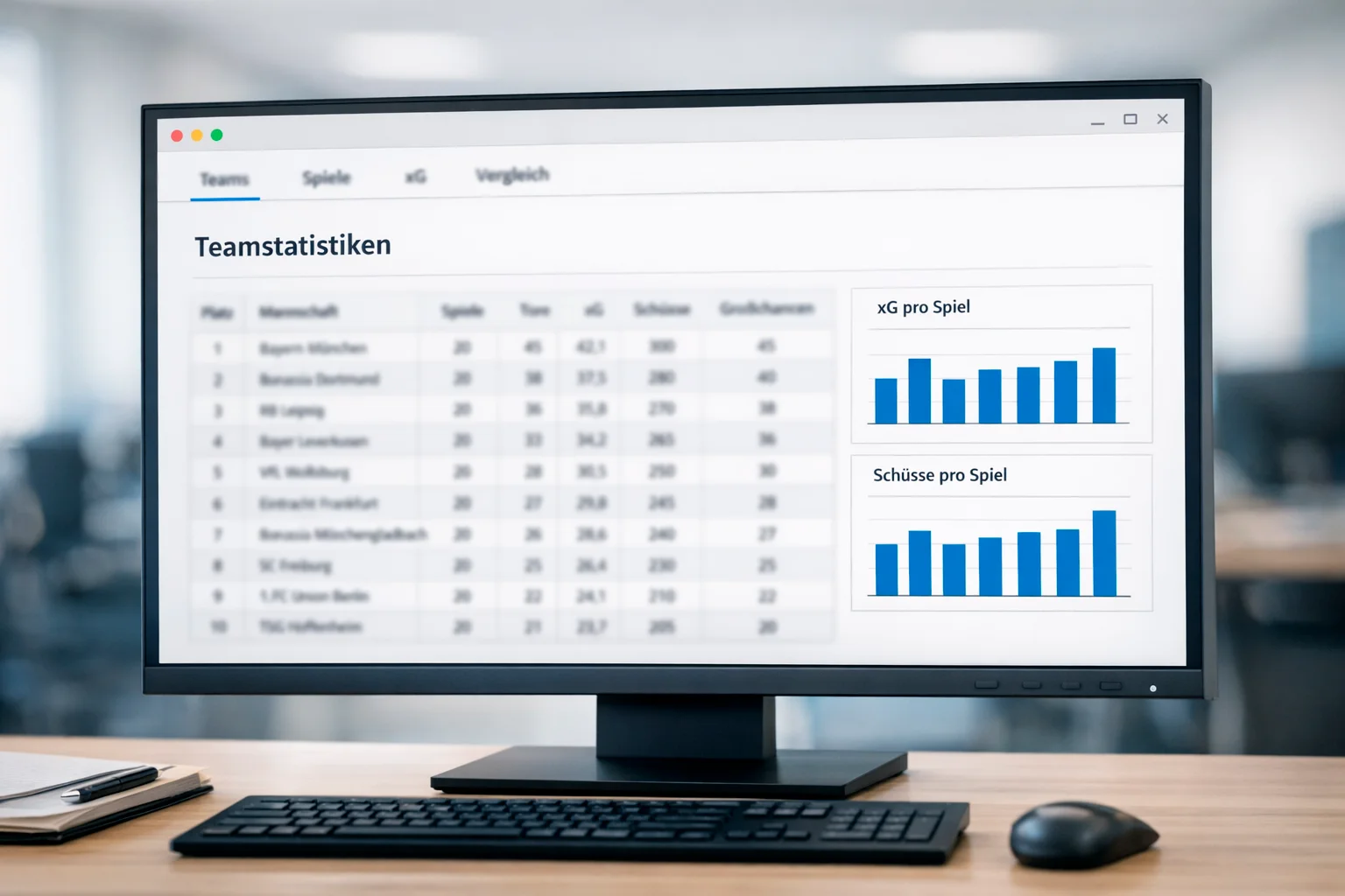 Bildschirmansicht einer Statistik-Website mit Fußballdaten und einfachen Diagrammen