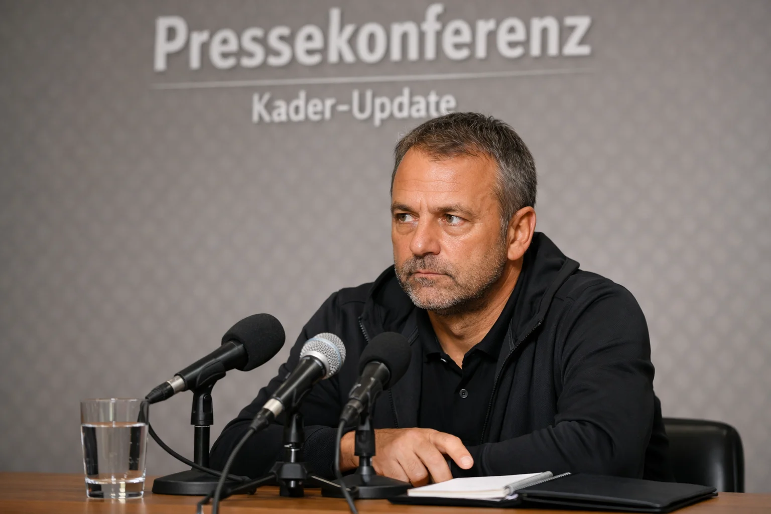 Fu&szlig;ball-Trainer bei einer Pressekonferenz am Mikrofon