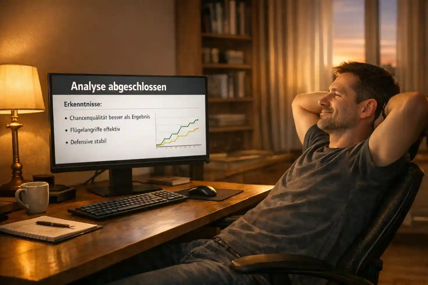 Zufriedener Analyst lehnt sich zurück und betrachtet abgeschlossene Fußballanalyse auf dem Bildschirm