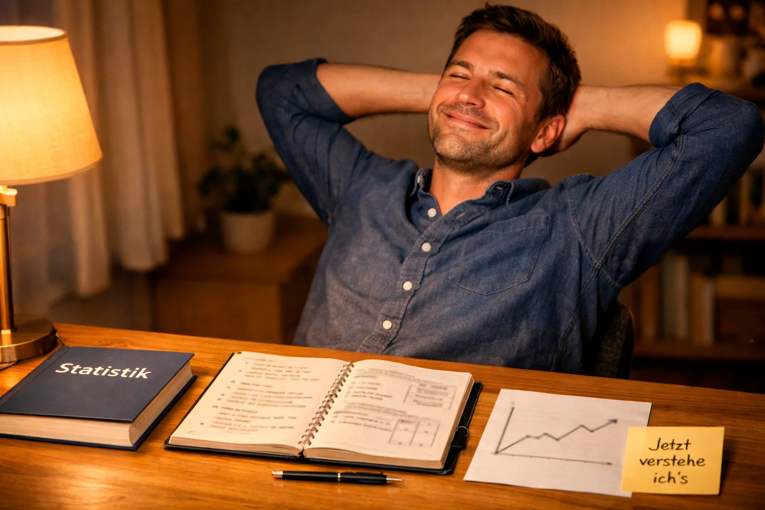 Person lehnt sich zufrieden zur&uuml;ck nach erfolgreichem Studium von Statistikunterlagen