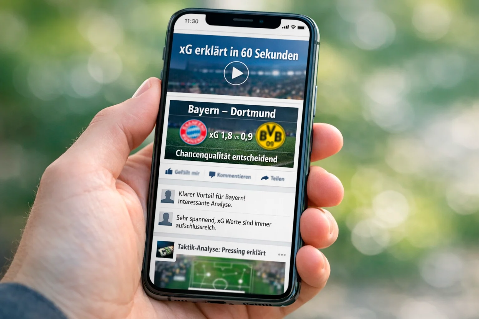 Hand hält Smartphone mit geöffneter Social-Media-App und Fußballinhalten auf dem Bildschirm