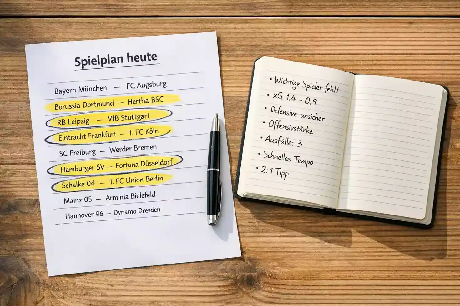 Bundesliga-Spielplan auf einem Tablet mit markierten Begegnungen