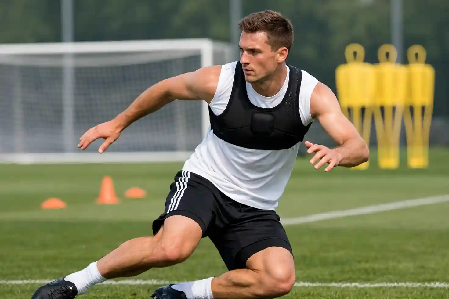 Fußballspieler beim Training auf einem Rasenplatz mit GPS-Weste unter dem Trikot