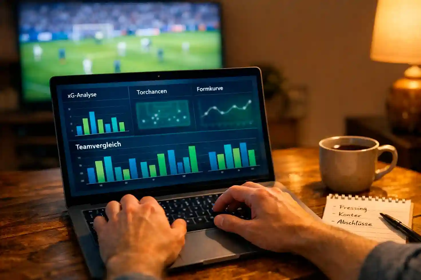 Person analysiert Fußballstatistiken und xG-Daten auf einem Laptop