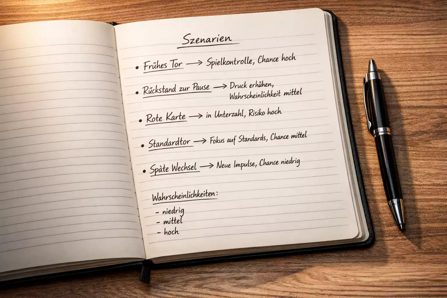 Notizbuch mit handgeschriebenen Szenarien und Wahrscheinlichkeiten f&uuml;r Fu&szlig;ballspiele