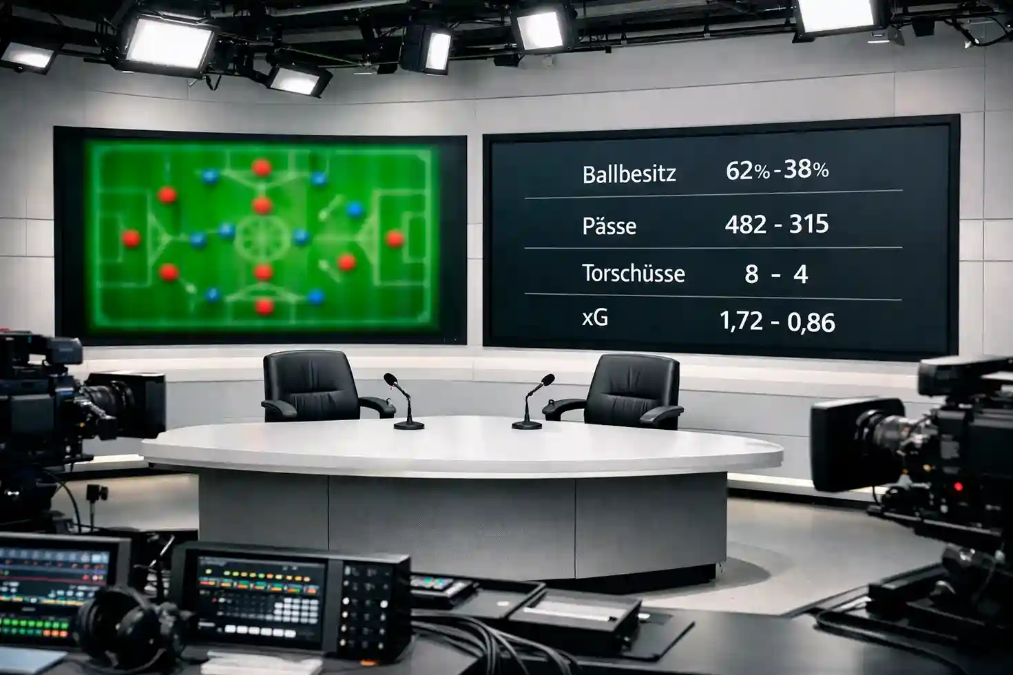 Modernes TV-Studio für Fußballberichterstattung mit großen Bildschirmen und Analysegrafiken