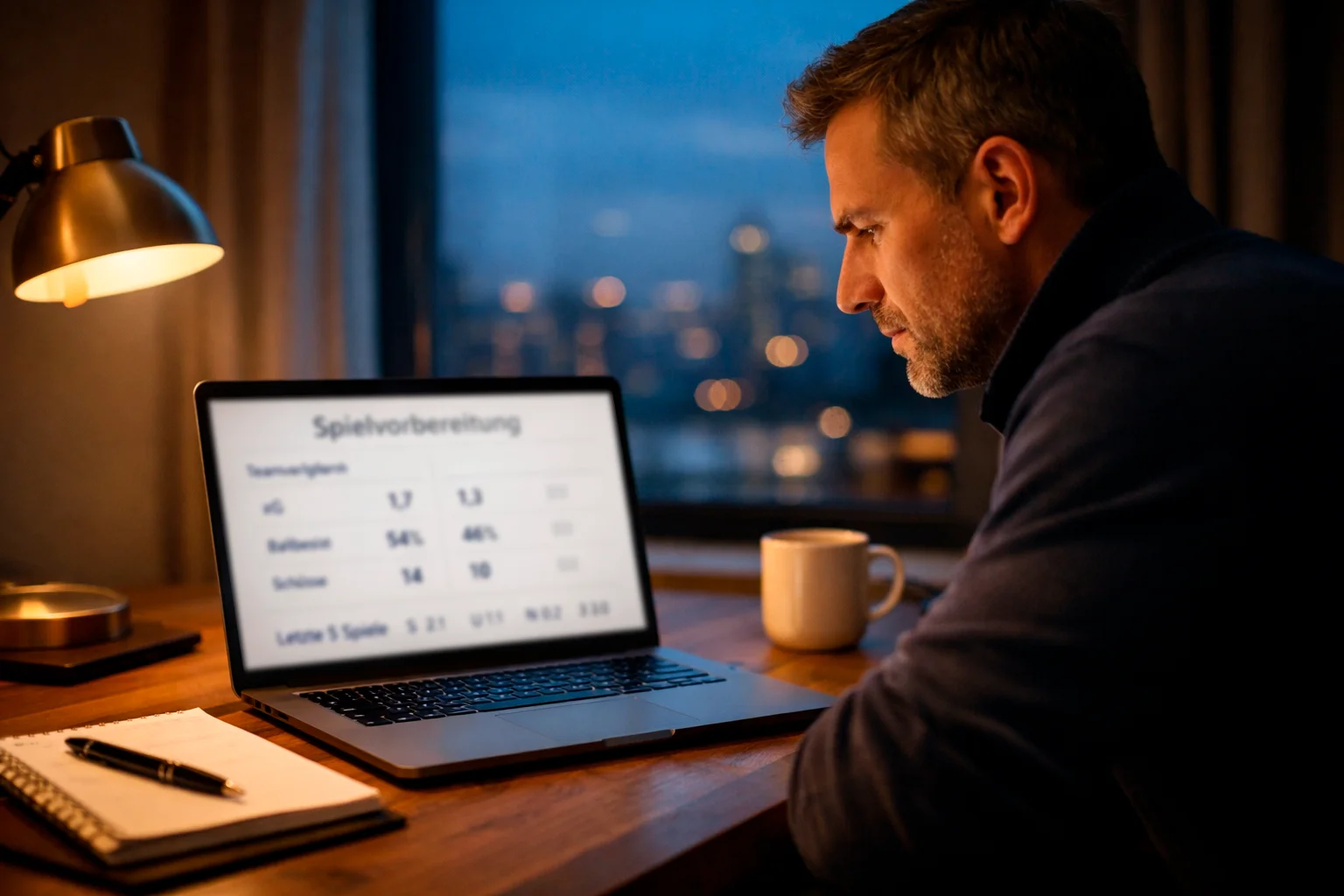 Analyst arbeitet am Abend konzentriert an der Spieltagsvorbereitung am Schreibtisch