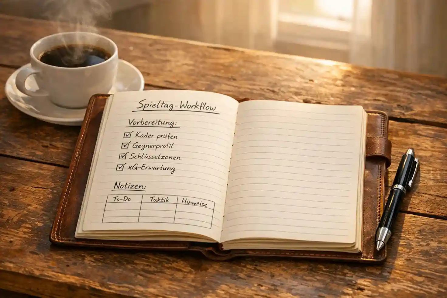 Ge&ouml;ffnetes Notizbuch mit handschriftlichen Fu&szlig;ballanalysen neben einer Tasse Kaffee