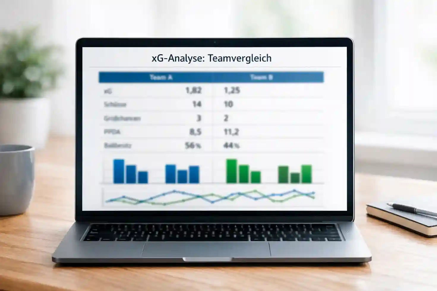 Bildschirm mit xG-Statistiken und Balkendiagramm zweier Fu&szlig;ballmannschaften