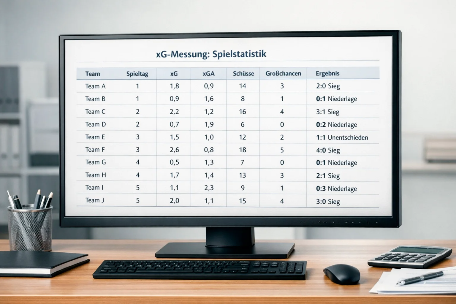xG-Statistiken in einer übersichtlichen Datentabelle