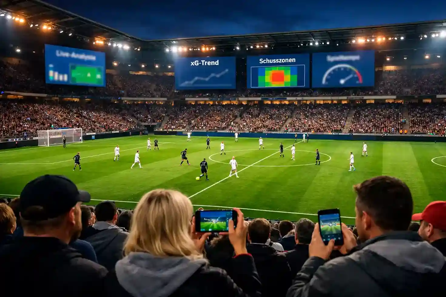 Futuristisches Fußballstadion mit integrierten Datenvisualisierungen und Tracking-Technologie